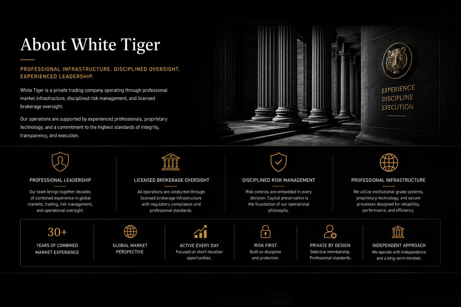 Original White Tiger architectural columns and gold emblem